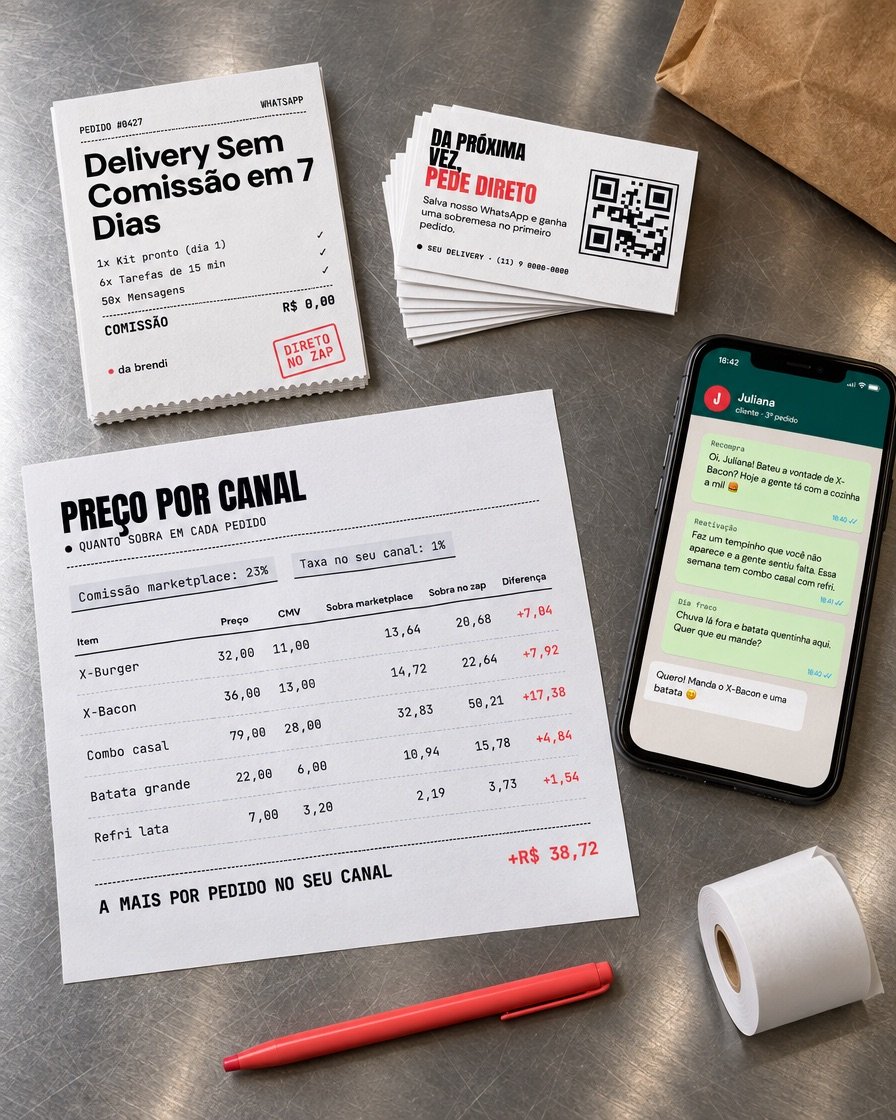 Kit Delivery Sem Comissão sobre um balcão de inox: guia impresso, cartões com QR Code, planilha de preço por canal e celular com mensagens de WhatsApp